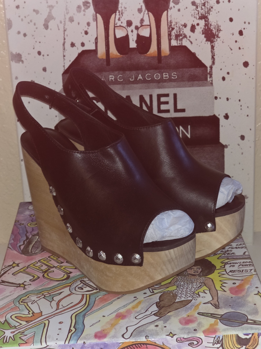 Jeffrey Campbell X Free People Black Leather Studded Slingback Wedge Sandals - Picture 1 of 13